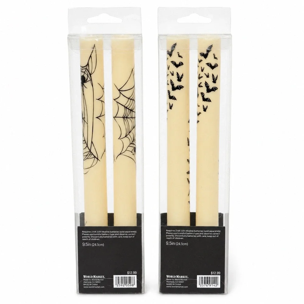 World Market Halloween Flameless LED Taper Candles Bats Spiderwebs Set of 4